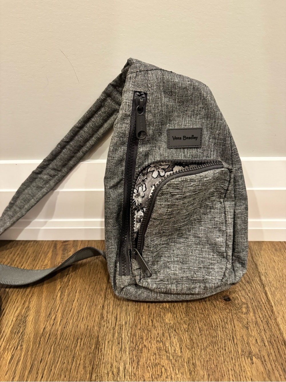 Vera Bradley Gray Heathered Sling Crossbody with Floral Pocket Trim